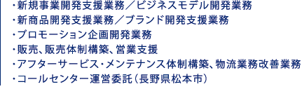 ○新規事業開発支援業務／ビジネスモデル開発業務
○新商品開発支援業務／ブランド開発支援業務
○プロモーション企画開発業務
○販売、販売体制構築、営業支援
○アフターサービス・メンテナンス体制構築、物流業務改善業務
○コールセンター運営委託（長野県松本市）