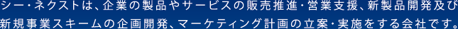 シー・ネクストは、企業の製品やサービスの販売推進・営業支援、新製品開発及び新規事業スキームの企画開発、マーケティング計画の立案・実施をする会社です。